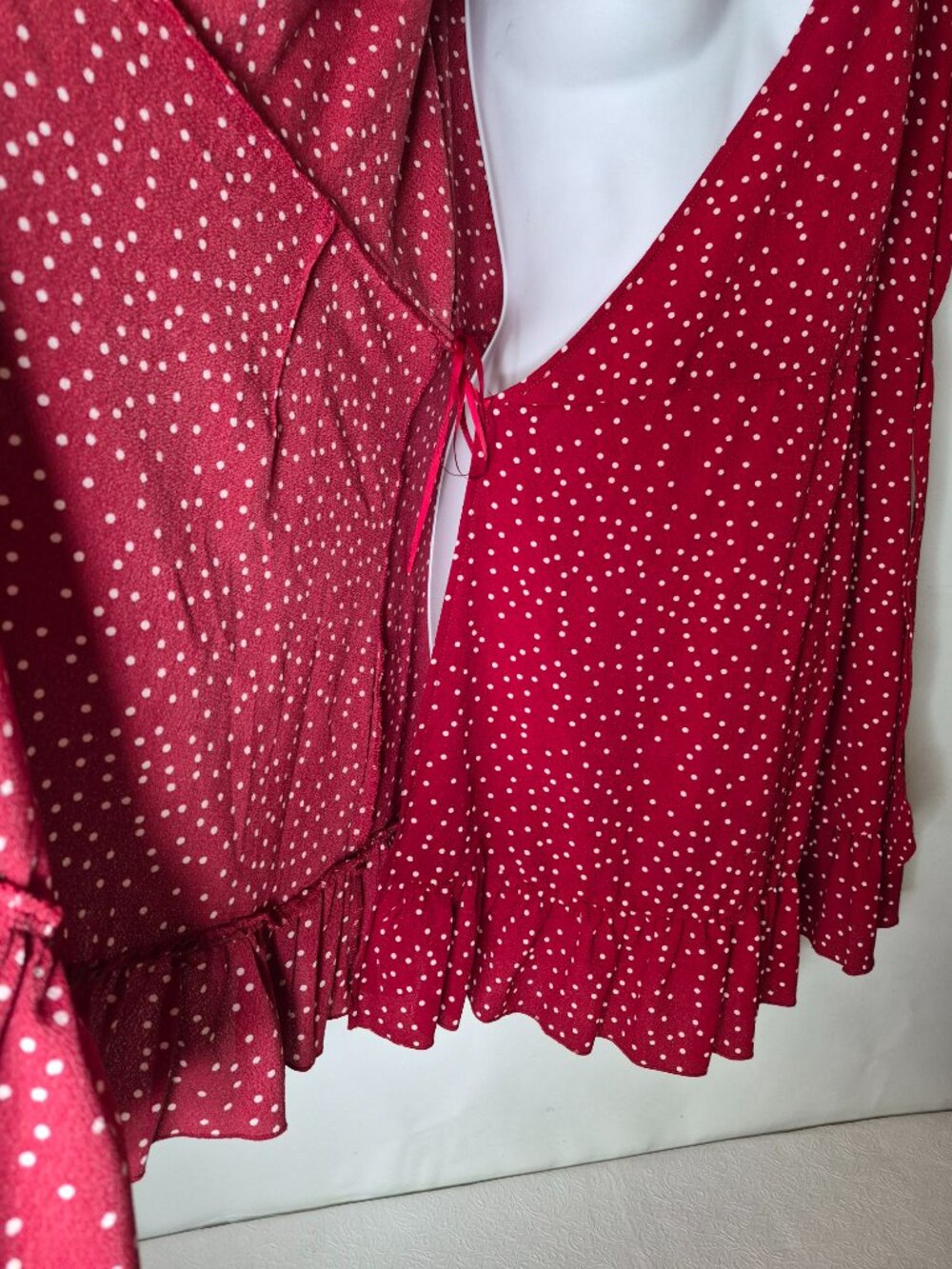 Relipop Womens XL Red White Polka Dot Ruffle Flutter Short Sleeve Wrap Dress - Picture 8 of 15